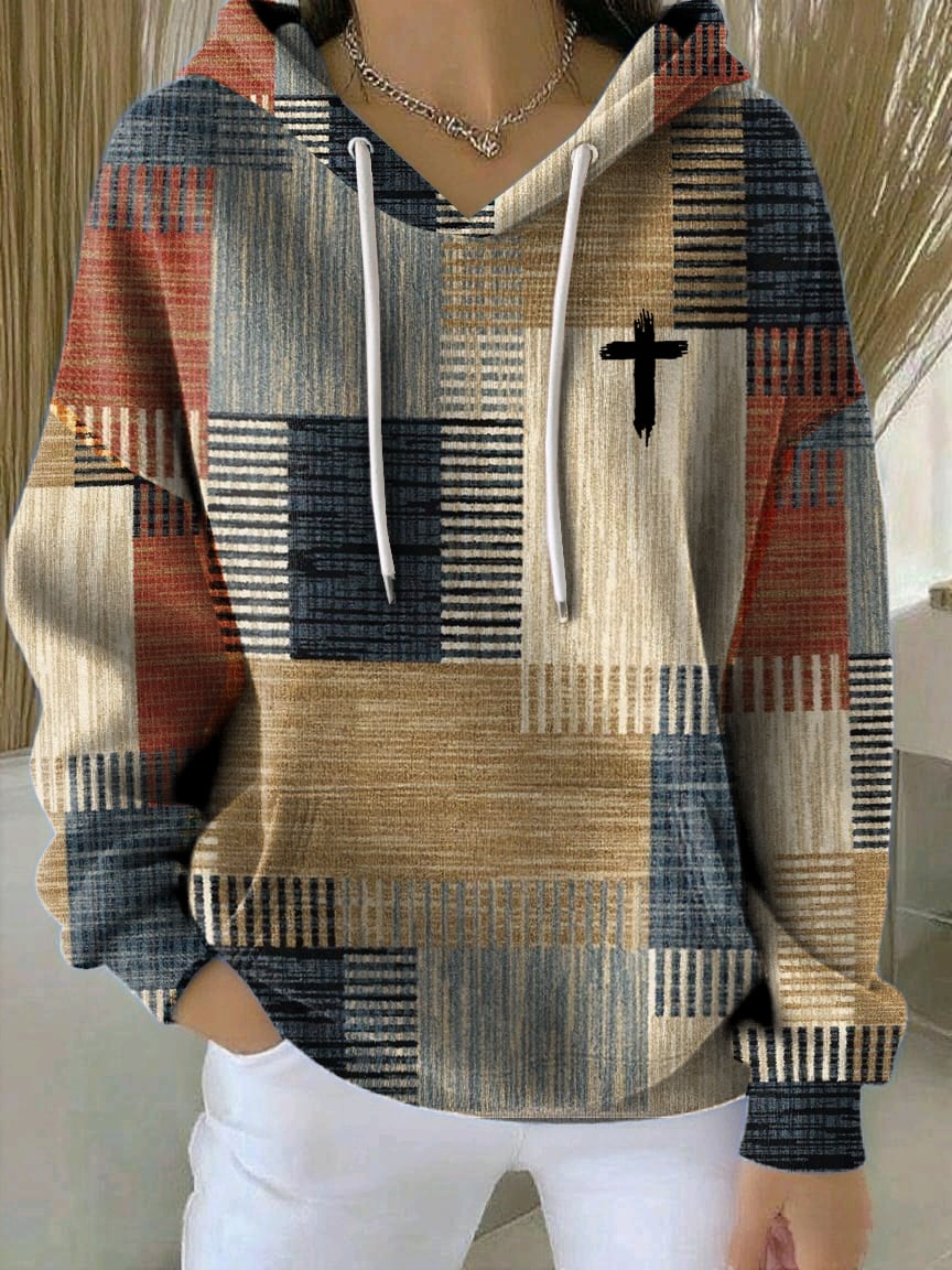 Women's Casual Autumn Faith Contrast Color Square Striped Cardigan Hoodie