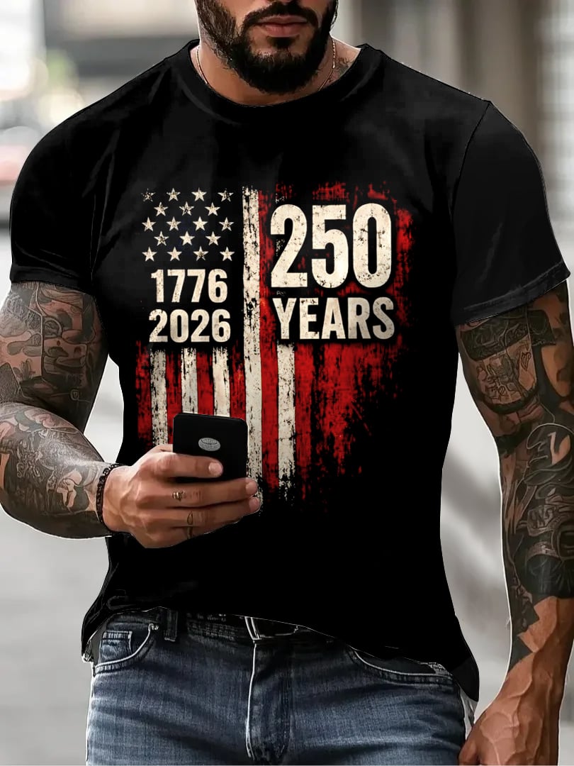 Men’s USA 250th Anniversary Embroidered Print Crew Neck Short Sleeve T-Shirt