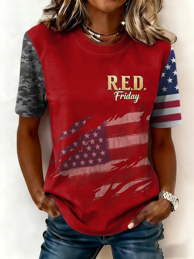 Women's Casual Red Friday Print Short-Sleeve T-Shirt