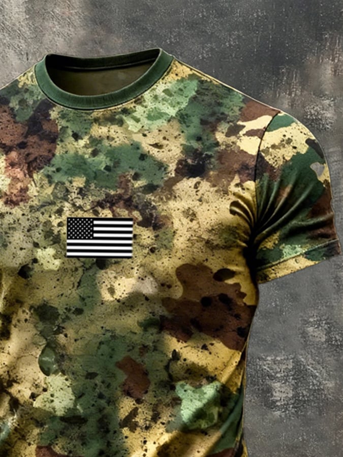 Men's Retro Slim Fit Textured Camouflage Patchwork T-Shirt