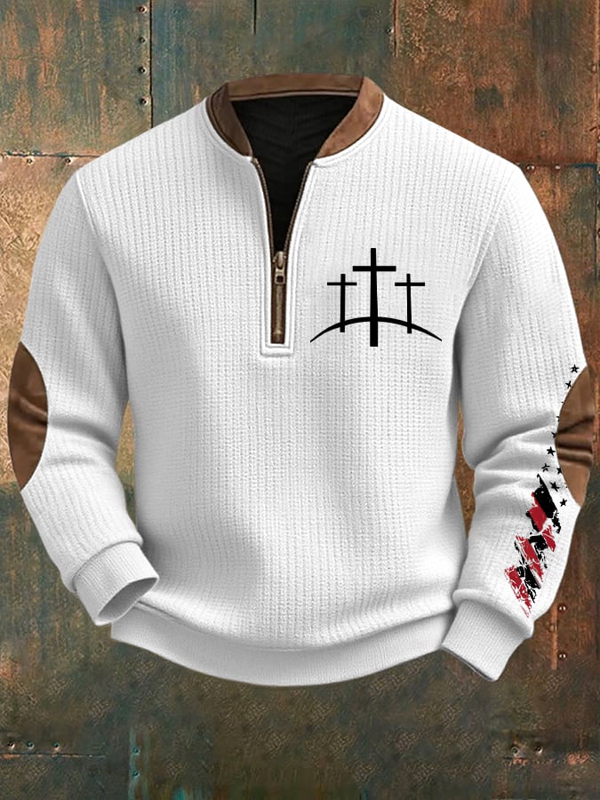 Men's Retro Faith Design Printed Zip Knit Sweatshirt