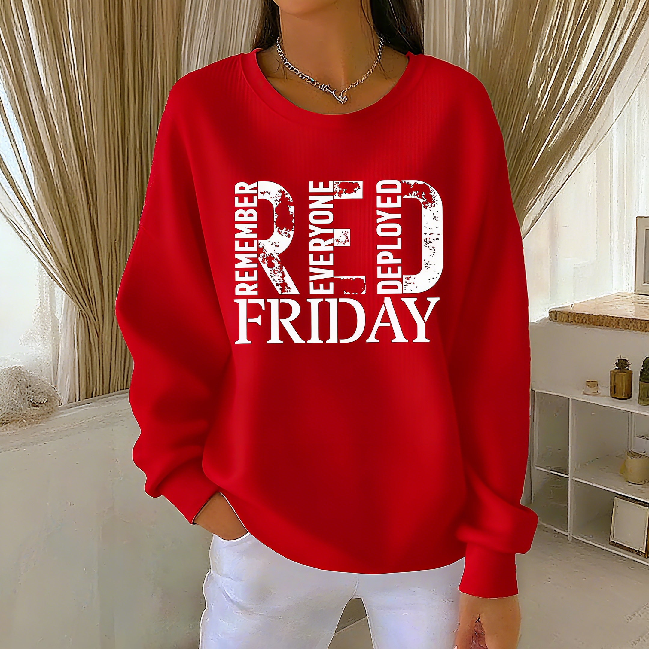 Women's On Friday We Wear Red Print Round Neck Sweatshirt
