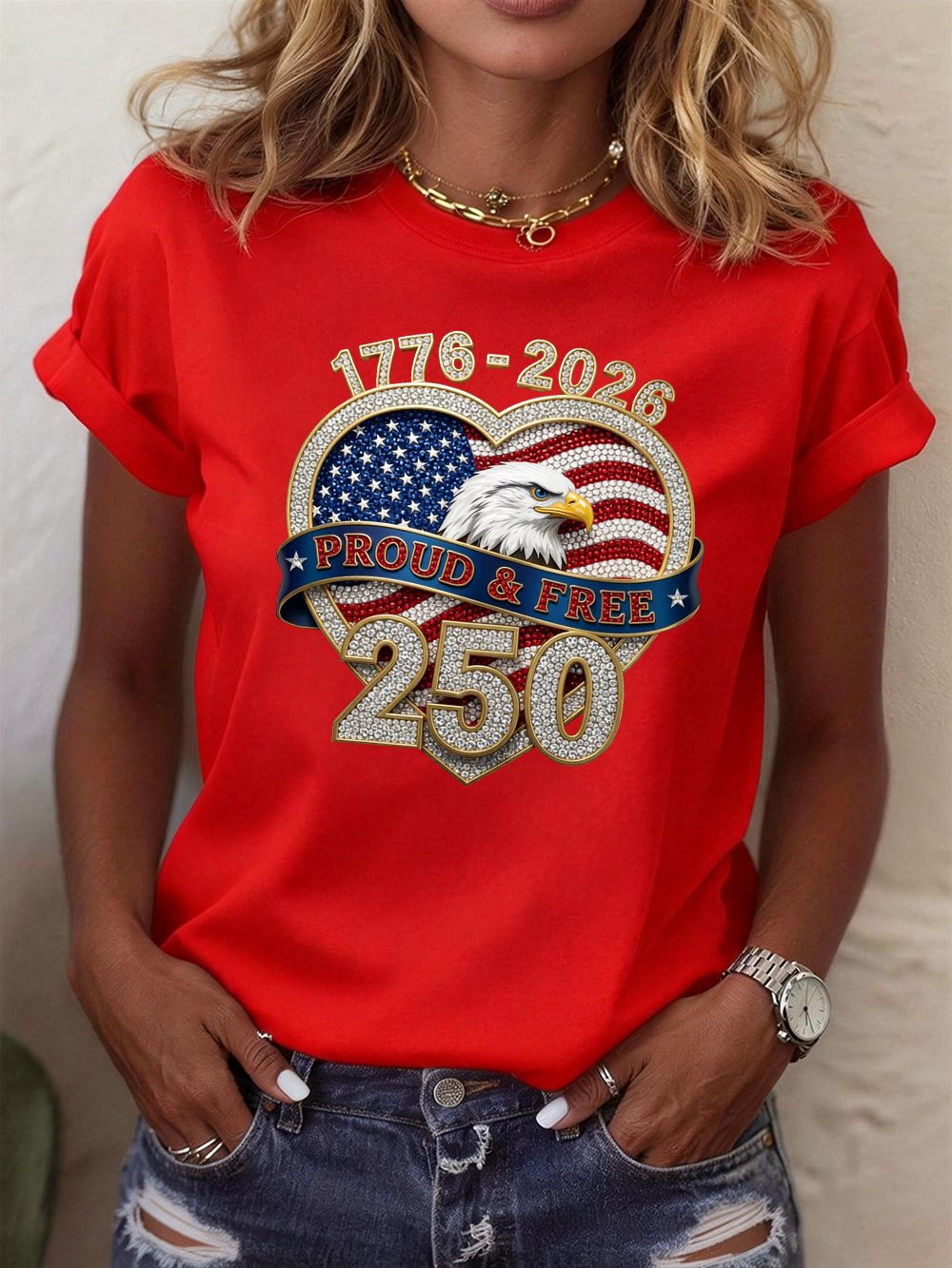 Women’s USA 250th Anniversary Embroidered Print Crew Neck Short Sleeve T-Shirt