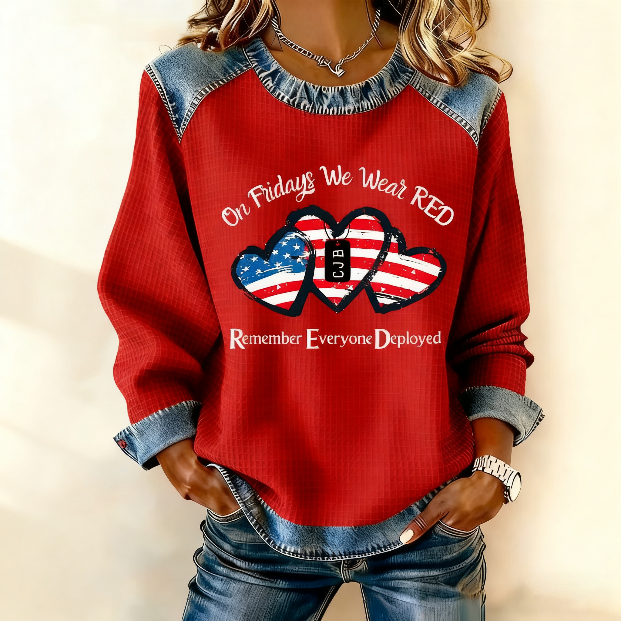 Women's Veterans Red Friday Print Casual Top