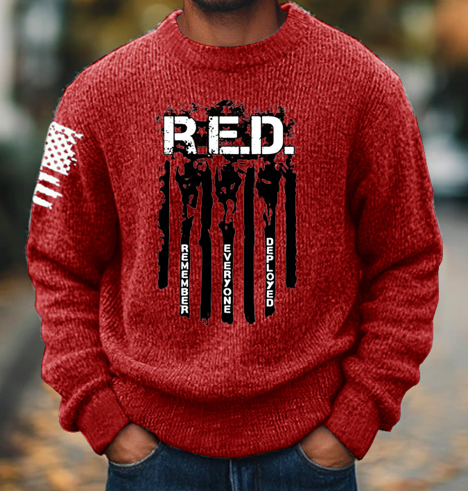 RED Friday Remember Everyone Deployed Pattern 300g Wool Blend Classic Crew Neck Sweater