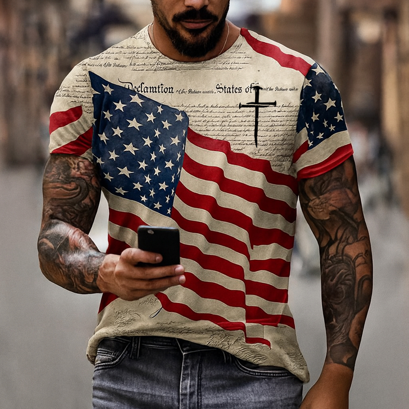 Men's Retro Flag Faith Printed Casual T-Shirt