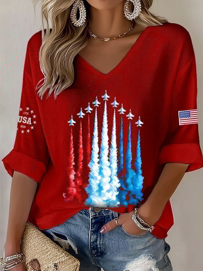 Women's America 250 – Red, White & Blue Sky Tribute Print V-Neck Top