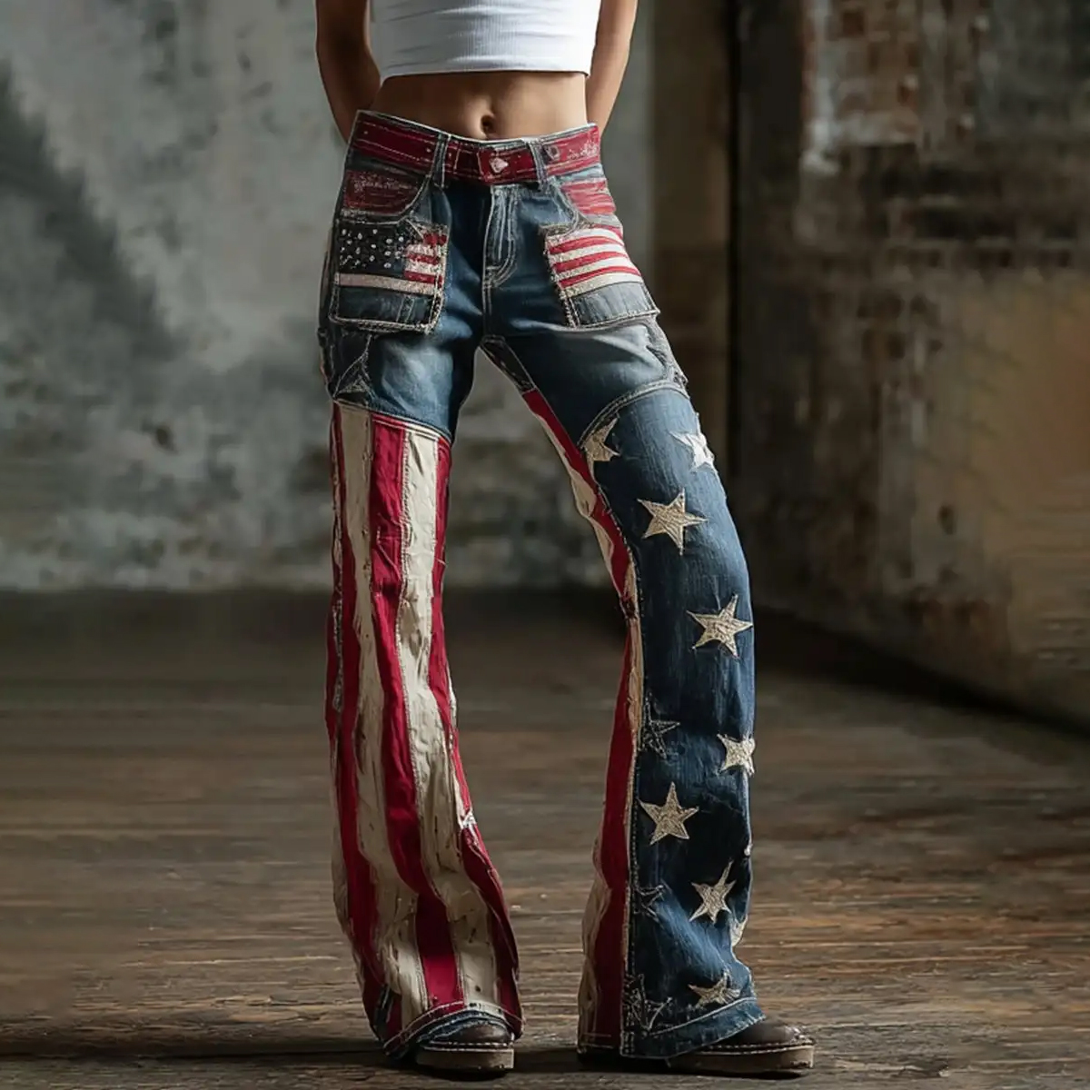 Women's American Flag  Inspired Print Vintage Washed Jeans