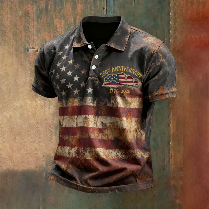 US 250th Anniversary Men's Retro Flag Print Casual Polo T-shirt