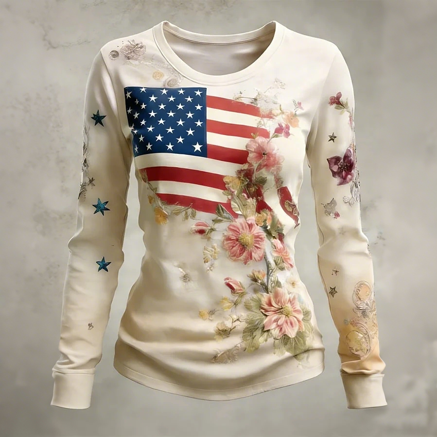 Women's 250th Anniversary American Flag Vintage Floral Print Long-Sleeve Top