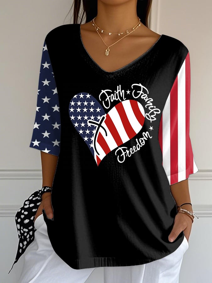 Women's Independence Day Love Faith Family Freedom Print Mid Sleeve T-Shirt