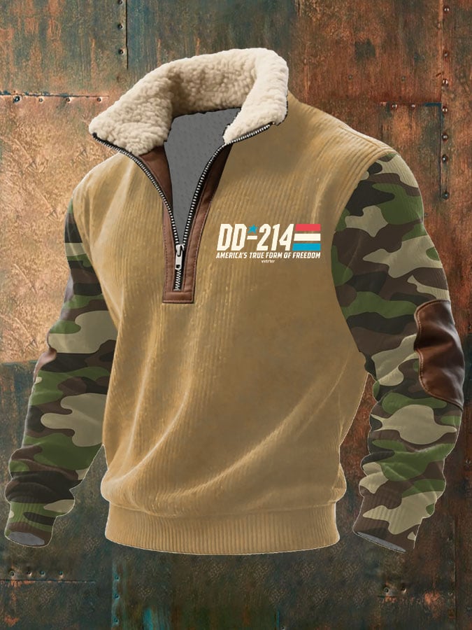 Men's Veteran Camouflage Print Zippered Fur Collar Long Sleeve Sweatshirt