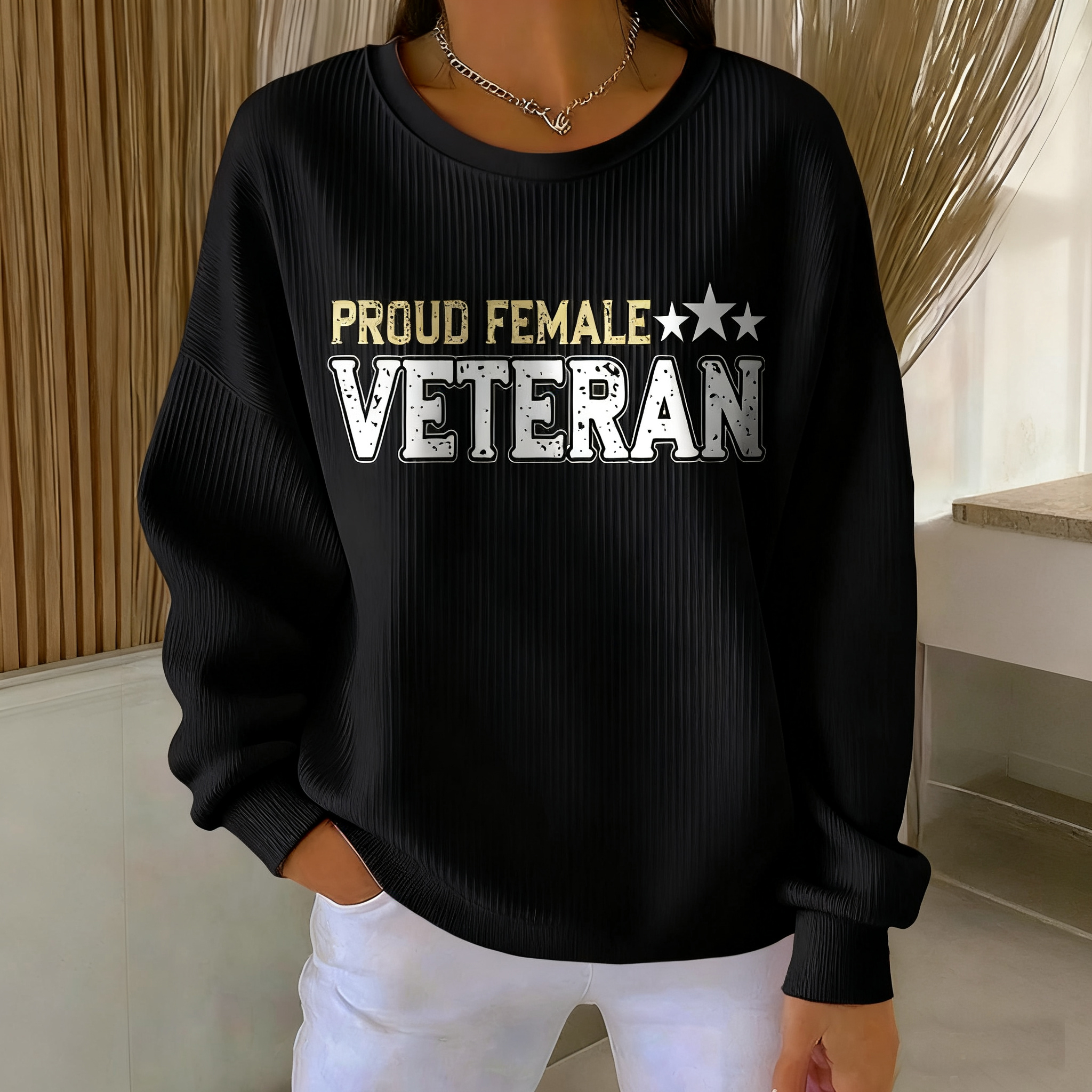 Women's Proud Female Veteran Print Round Neck Sweatshirt