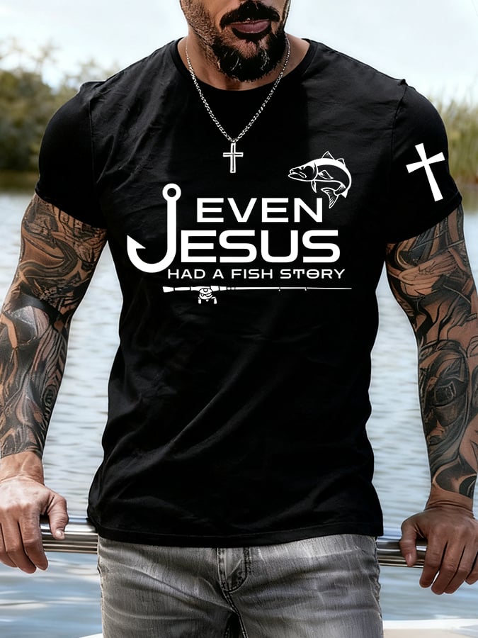 Men's Jesus Also Told The Story Of The Fish Printed T-Shirt