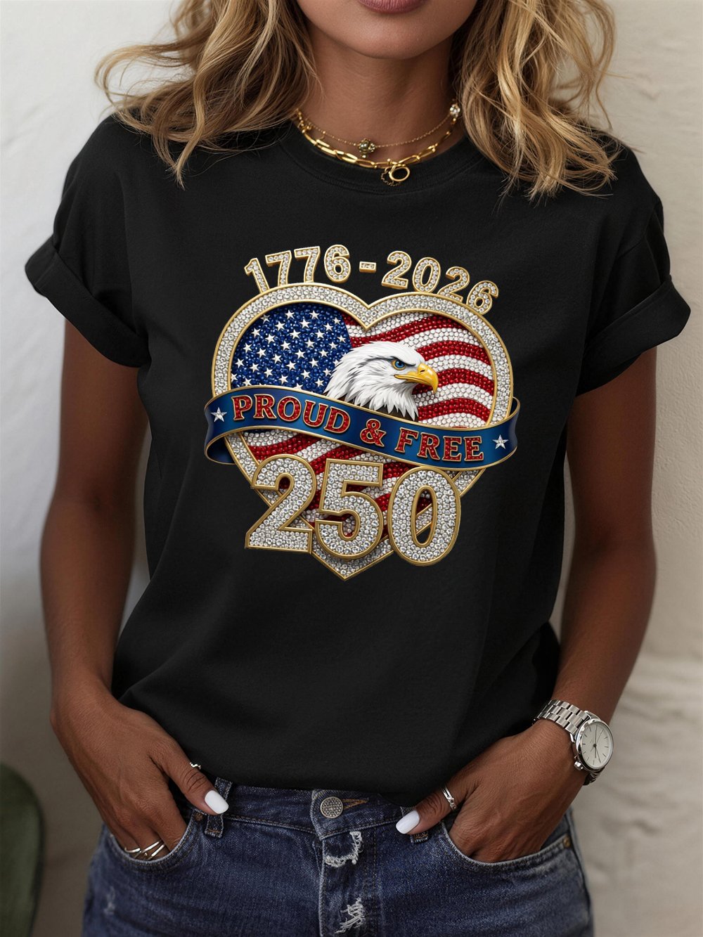 Women’s USA 250th Anniversary Embroidered Print Crew Neck Short Sleeve T-Shirt