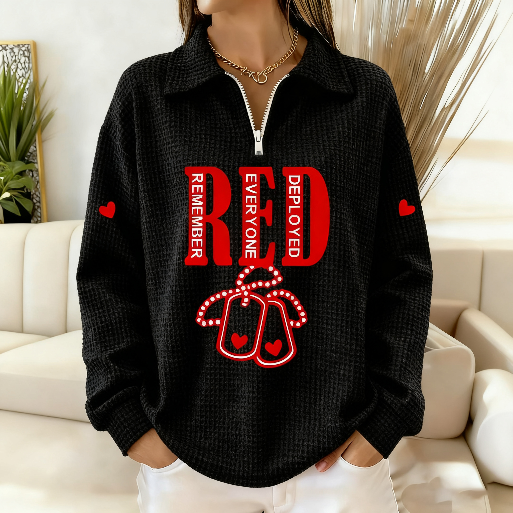 Women's Winter Friday Let's Wear Red Veteran Print Waffle Lapel Top