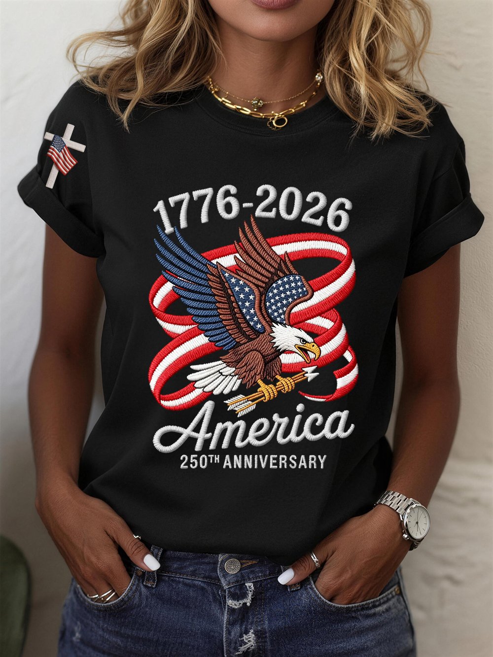 Women’s USA 250th Anniversary Embroidered Print Crew Neck Short Sleeve T-Shirt