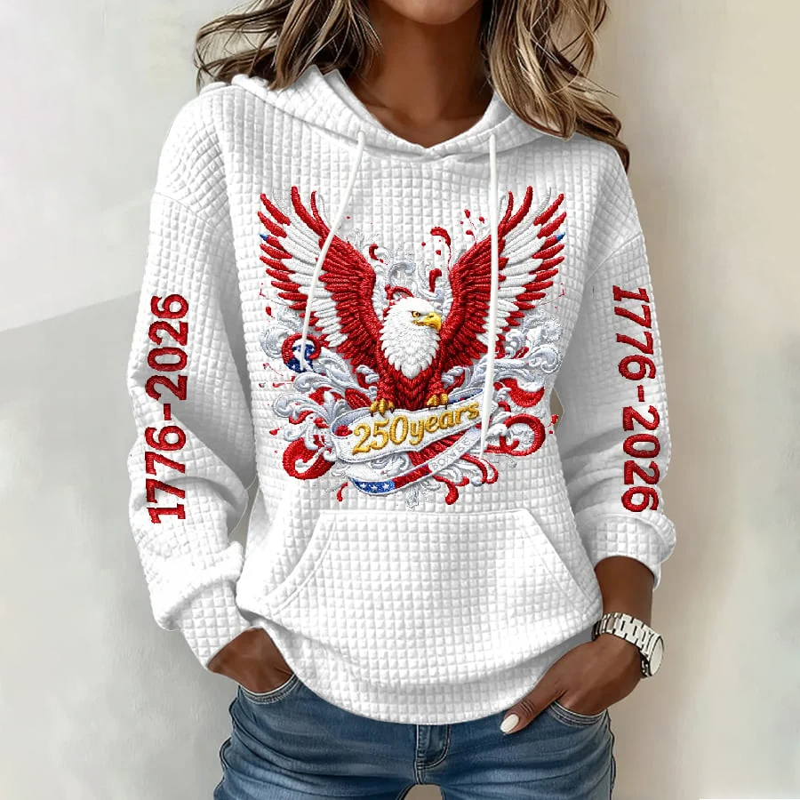 Women's casual hoodie with American 250th anniversary print.