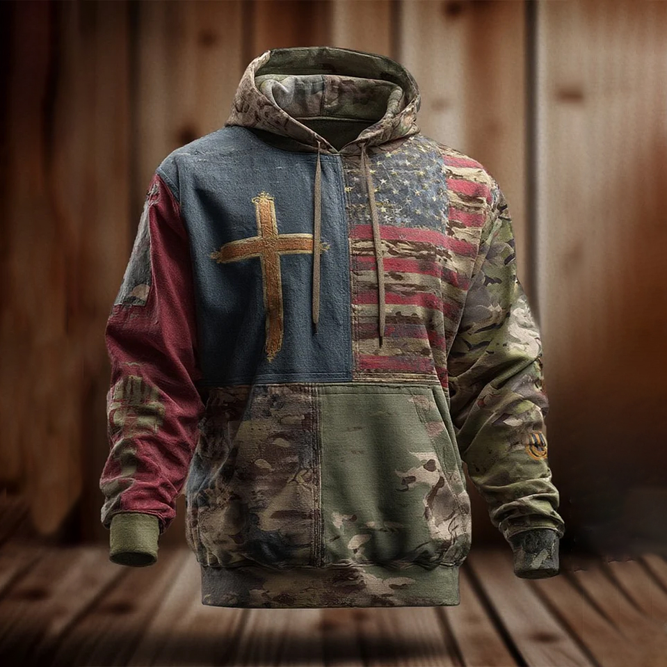 Men's Vintage Casual American Flag Cross Faith Hoodie
