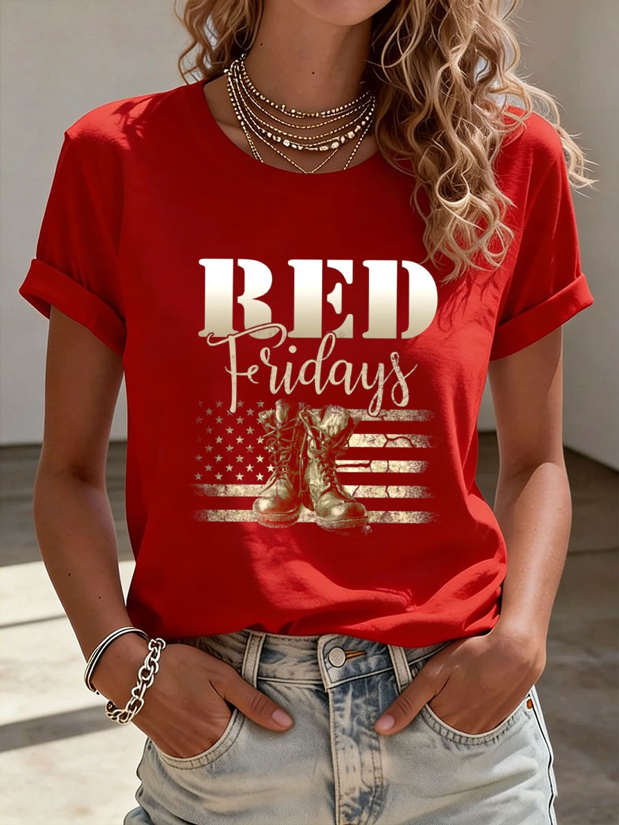 Women's Red Friday Patriotic Round Neck T-Shirt
