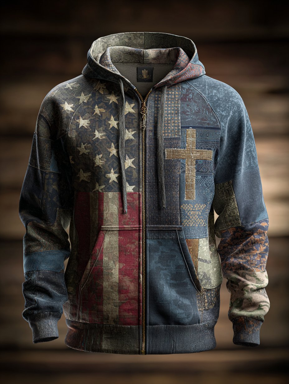 Men's Vintage Casual Faith American Flag Zip Hoodie