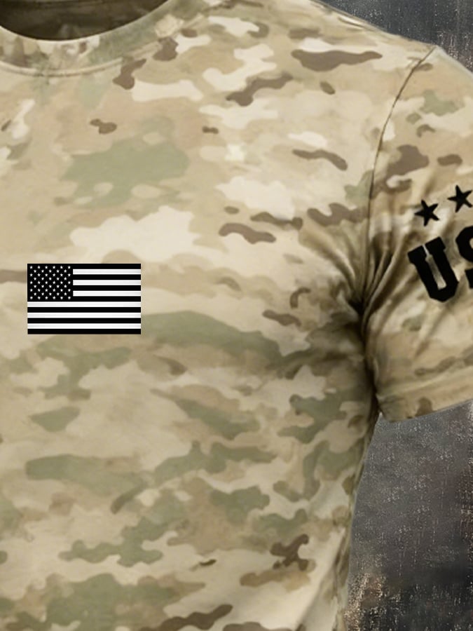 Men's Retro Slim Fit Textured Camouflage Patchwork T-Shirt