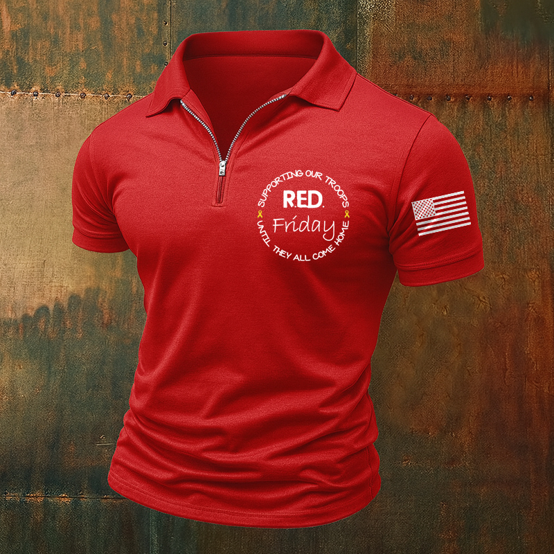 Men's Veteran Red Friday Print Casual Polo T-shirt