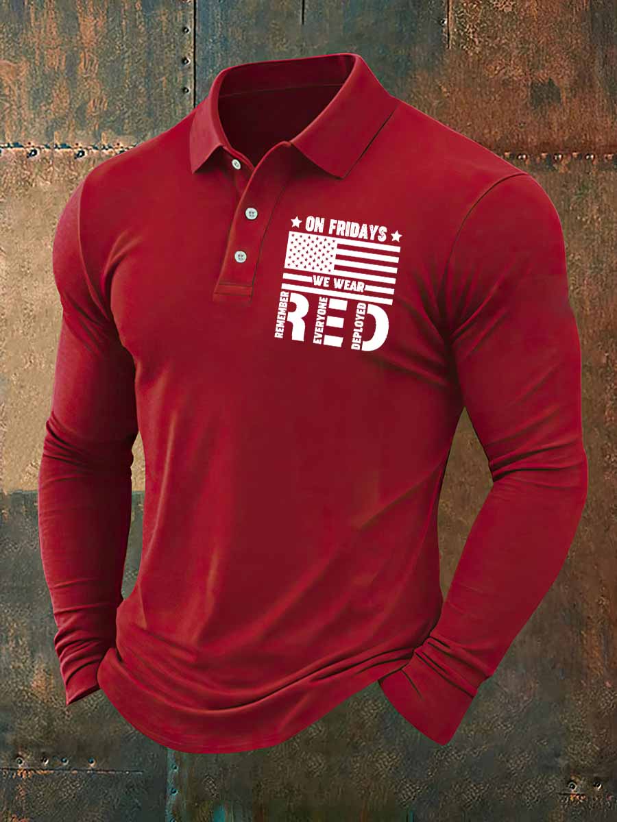 On Fridays We Wear Red Print Casual Long Sleeve Polo Shirt