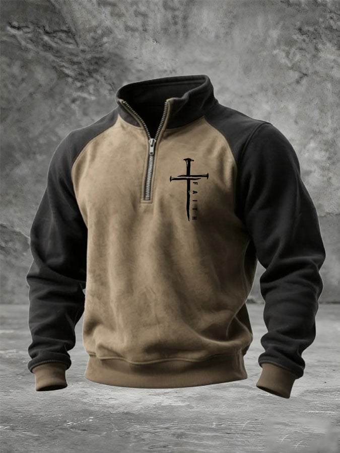 Men's Faith Cross Print Zipper Neck Sweatshirt