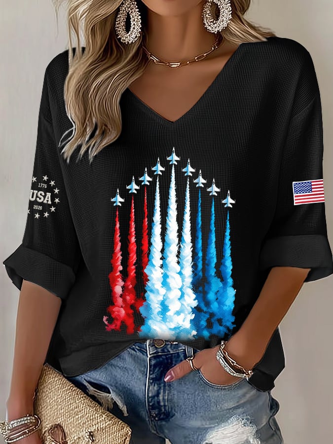 Women's America 250 – Red, White & Blue Sky Tribute Print V-Neck Top
