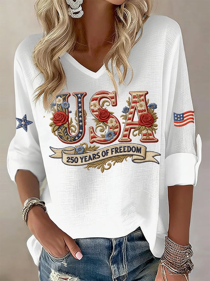 Women's Tribute to 250 Years of Freedom: American Floral Embroidered Patriotic Slub Linen T-Shirt