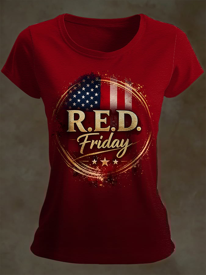 Women's Casual Red Friday Print Short-Sleeve T-Shirt