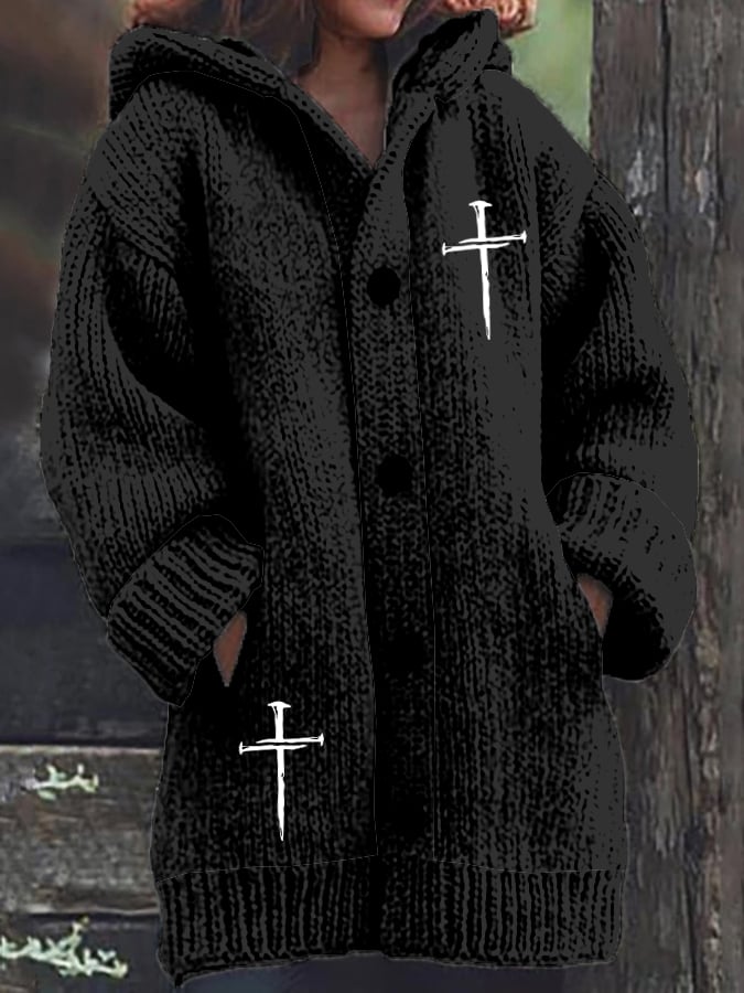 Women's Vintage Faith Design Printed Knitted Fabric Plush Jacket