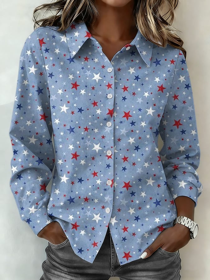 Women's Retro Flag and Star Print Casual Collared Shirt
