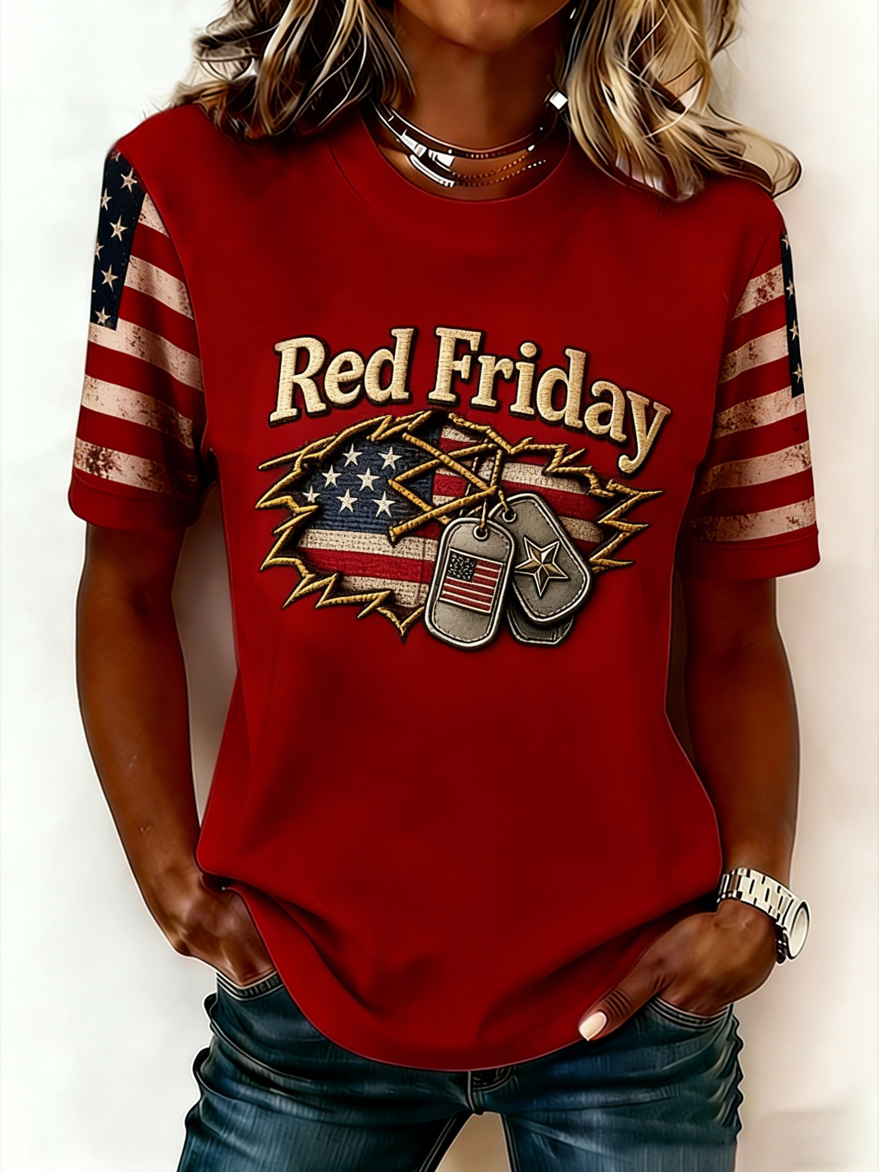 Women's Casual Red Friday Print Short-Sleeve T-Shirt