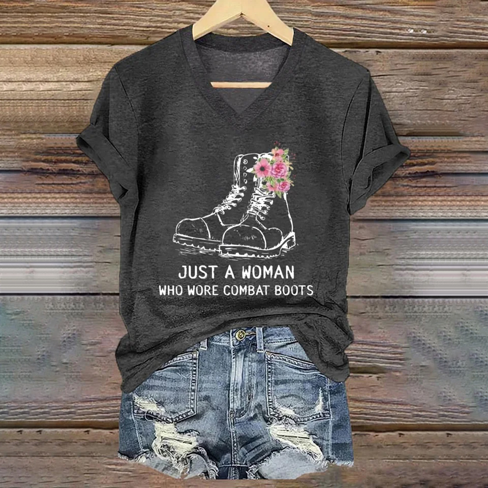 Women's Just A Woman In Combat Boots Printed Short-Sleeved T-Shirt
