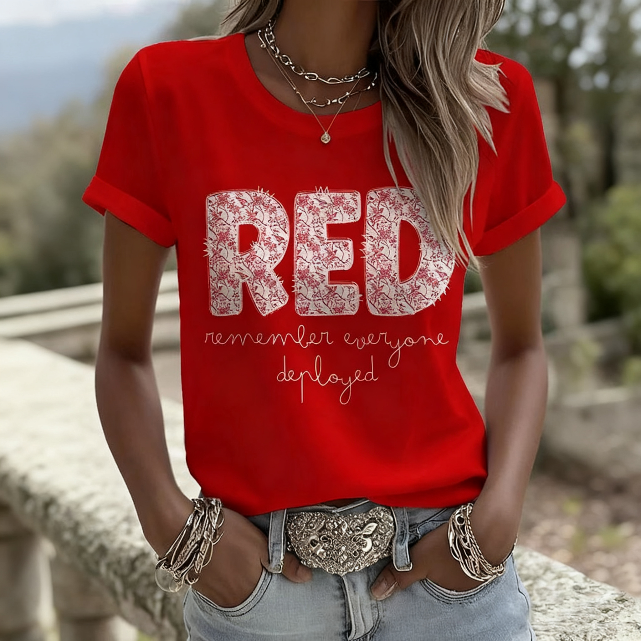 Women's On Fridays We Wear RED Remember Everyone Deployed Print T-shirt