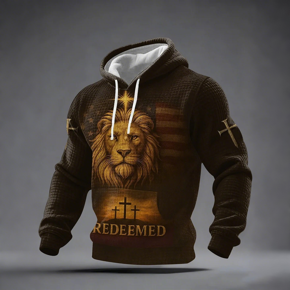 Men's Redeemed Lion Print Casual Checkered Hoodie