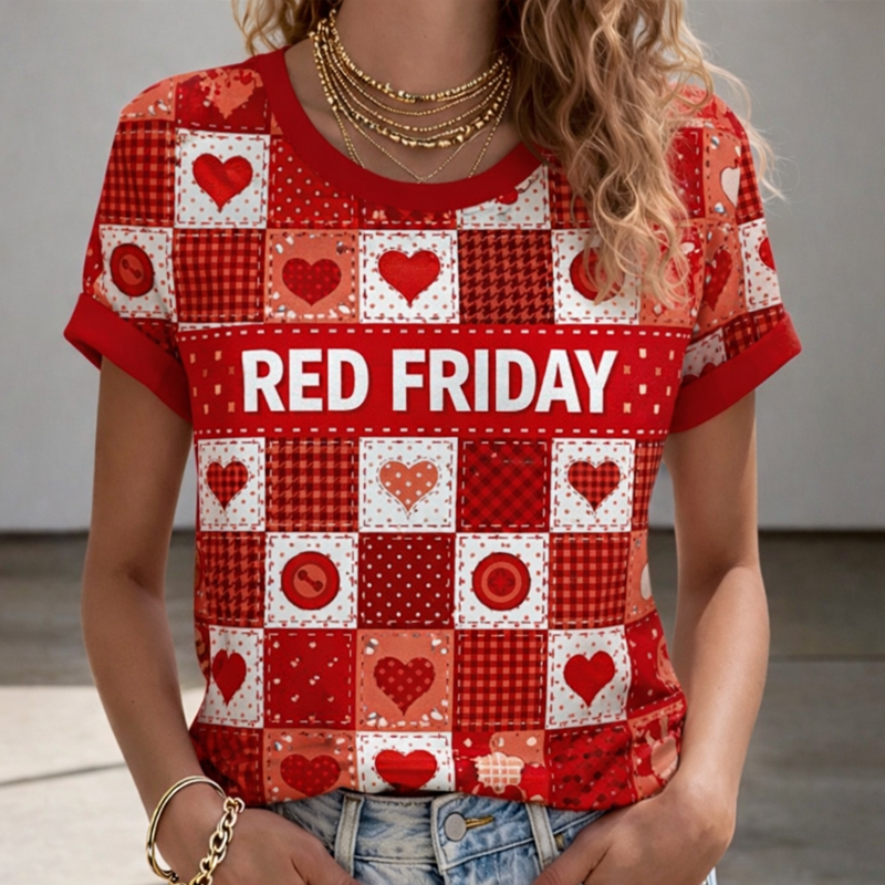 Women's Red Friday Printed Casual T-Shirt