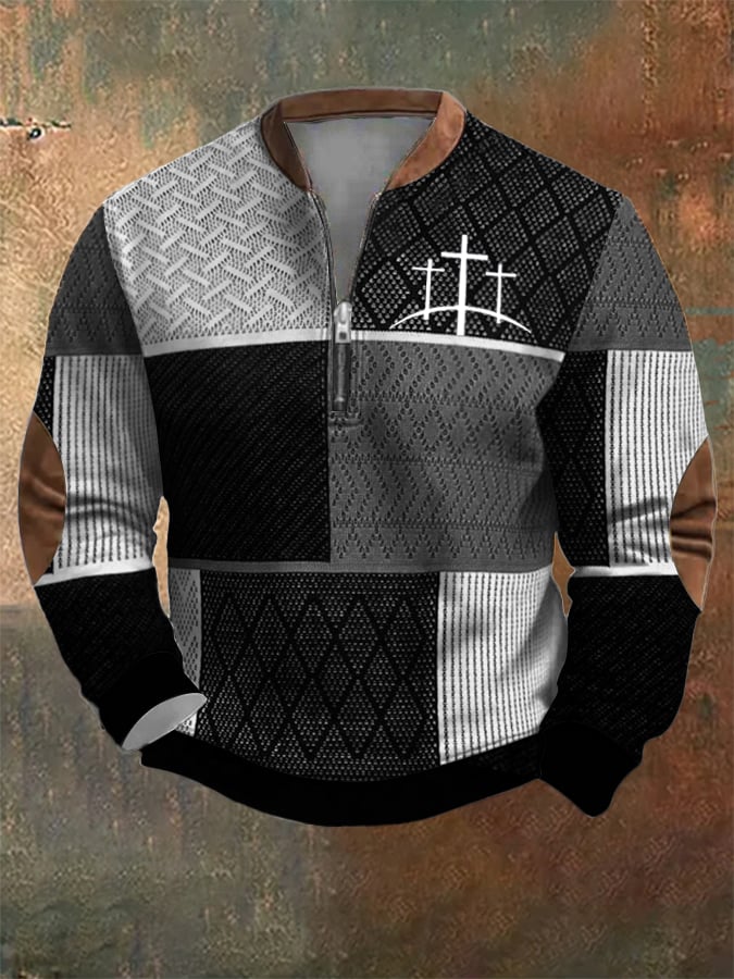Men's Retro Western Textured Faith Cross Print Zipper Neck Sweatshirt