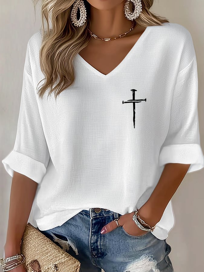 Women's Retro Faith Cross Design Printed Waffle Long Sleeve T-Shirt