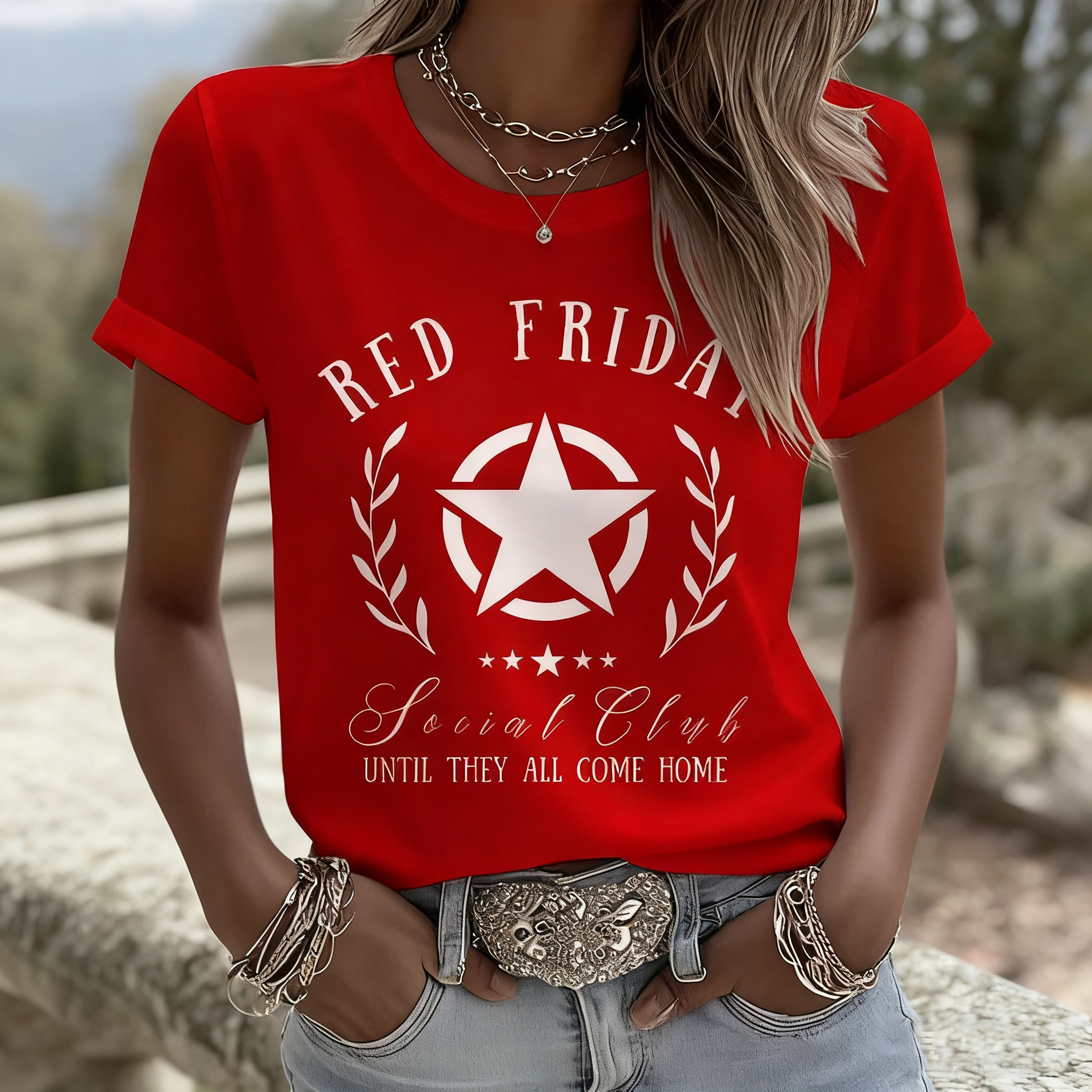 Women's Red Friday Social Club Until They All Come Home Print T-shirt