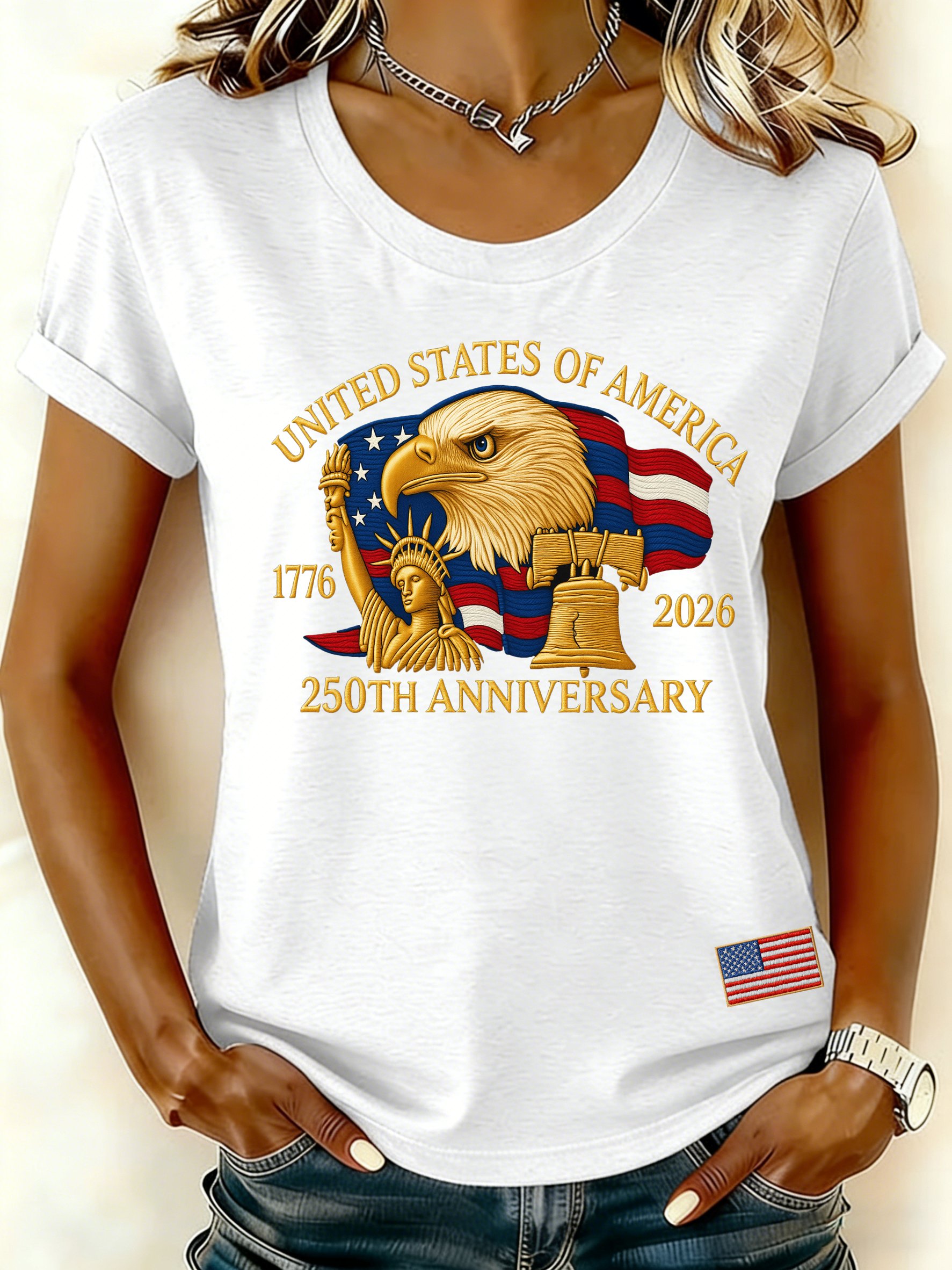 Women'S Casual Short-Sleeved T-Shirt With American 250th Anniversary Commemorative Print And Round Neckline.