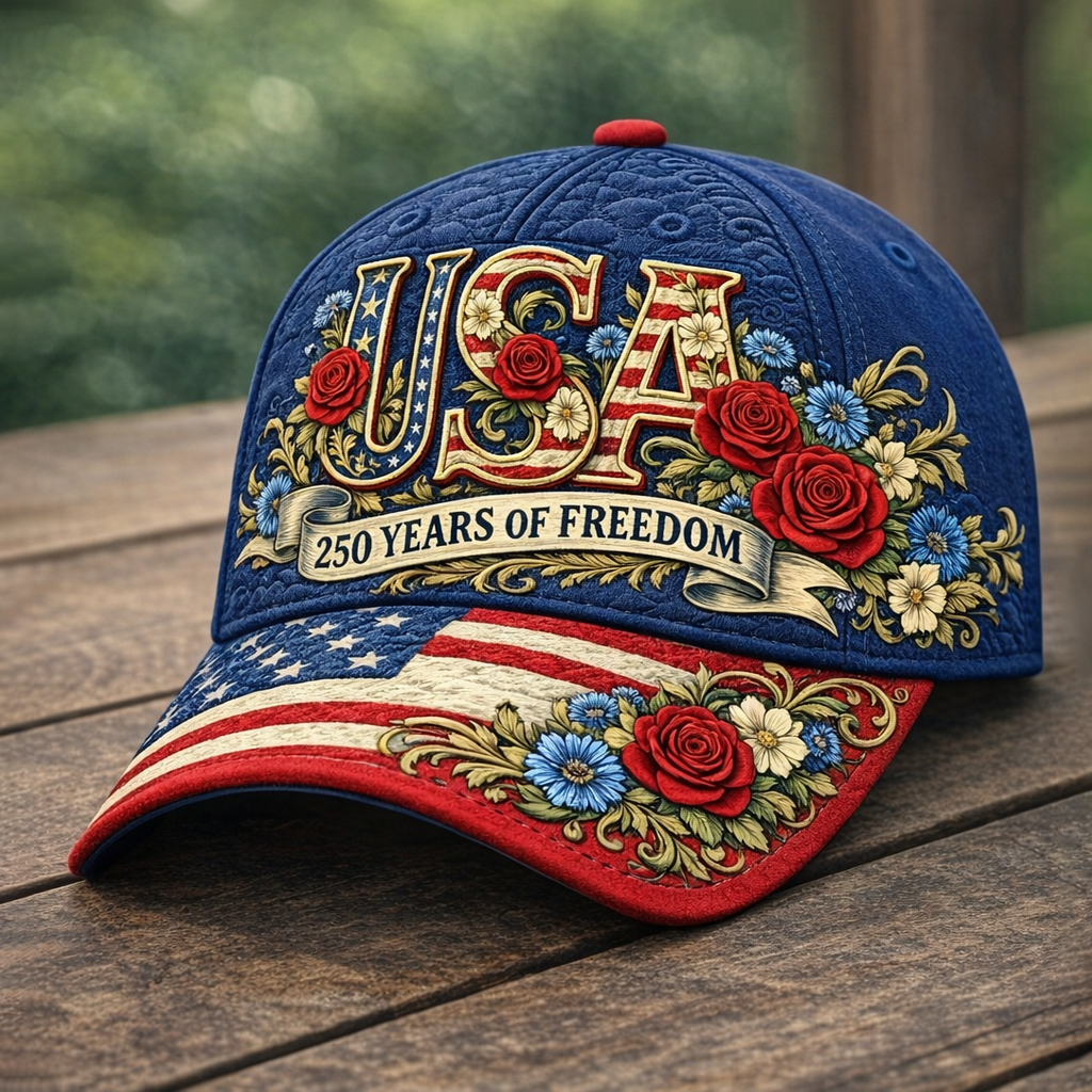 USA 250th Anniversary Floral Hat – Red, White & Blue Embroidered Cap with Roses & Flowers