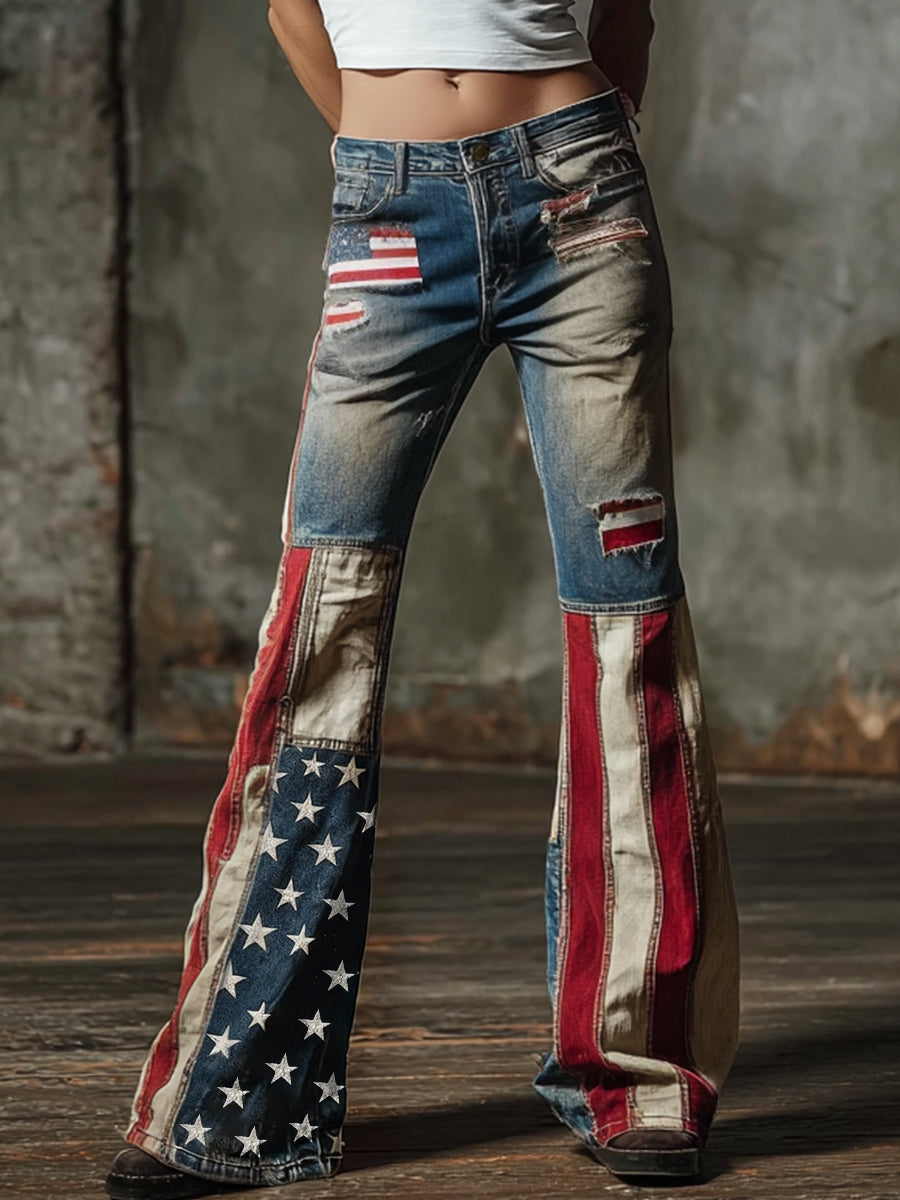 Women's American Flag Inspired Print Vintage Washed Jeans
