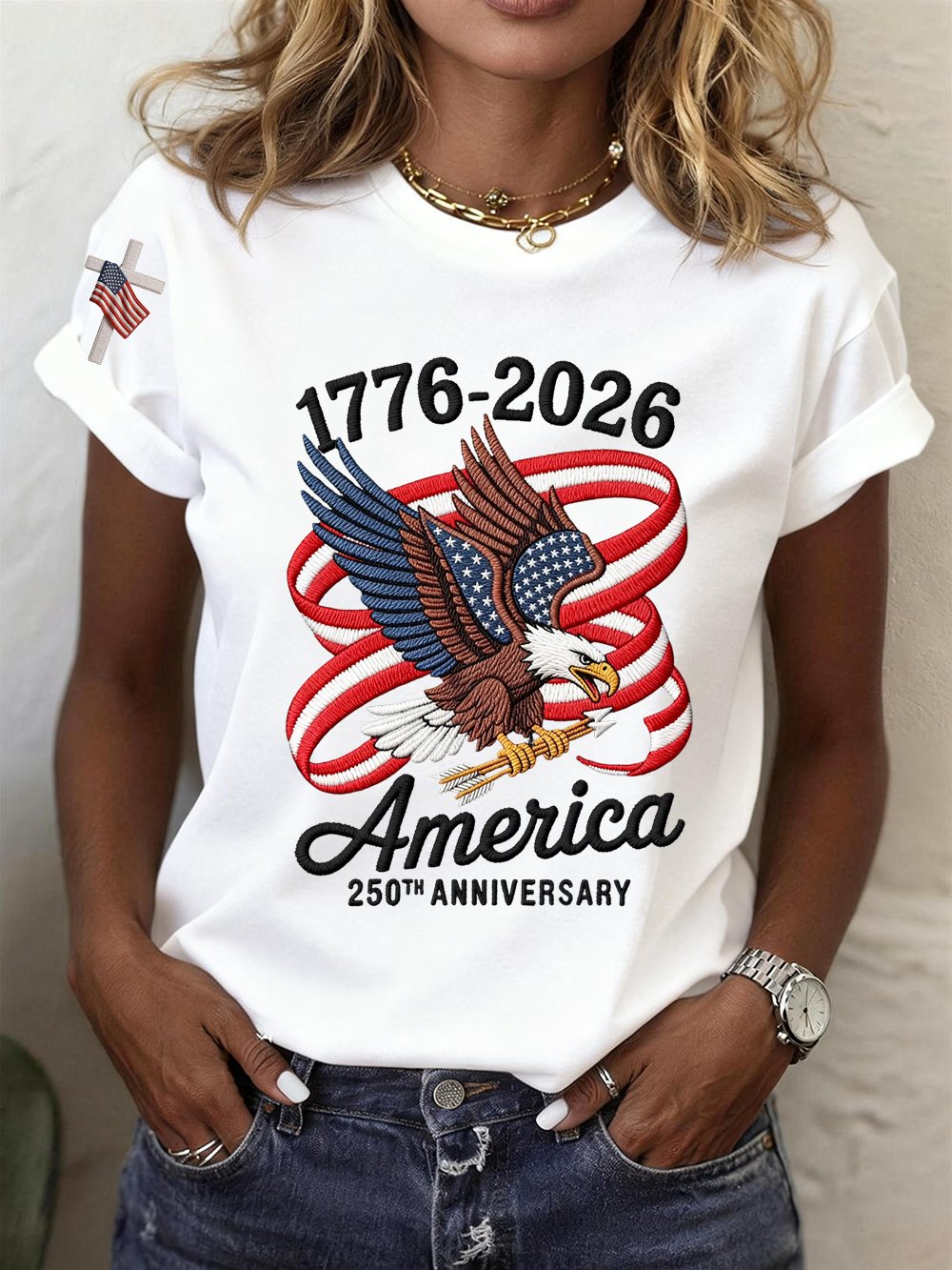 Women’s USA 250th Anniversary Embroidered Print Crew Neck Short Sleeve T-Shirt