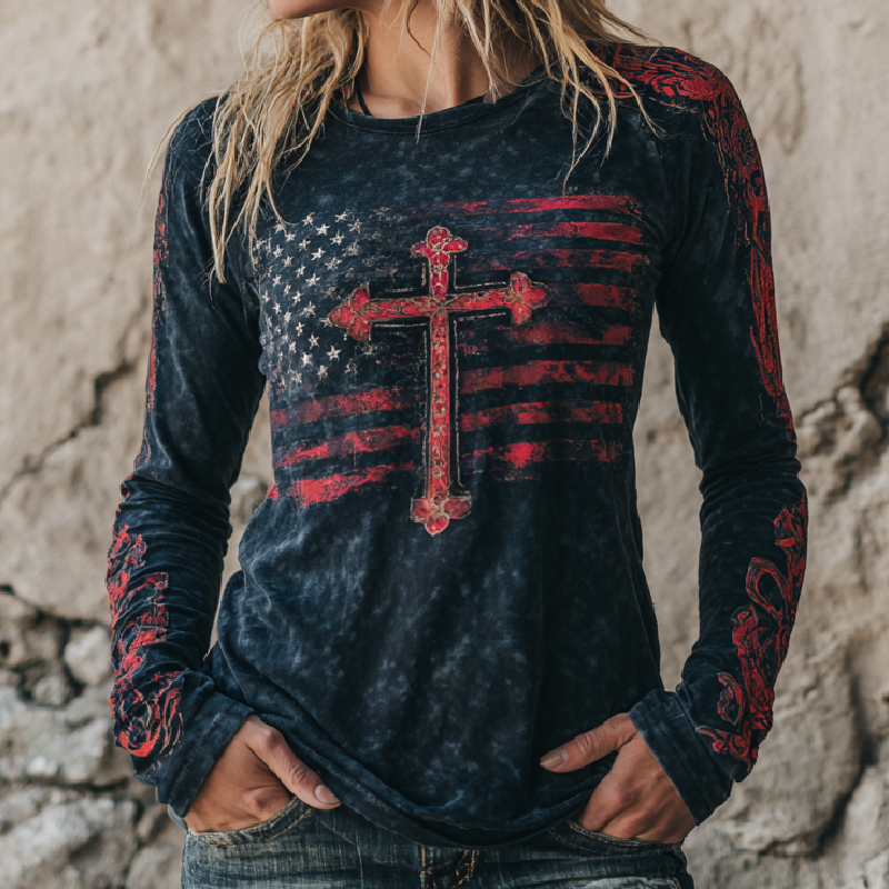 Retro Casual American Flag Cross Faith Top