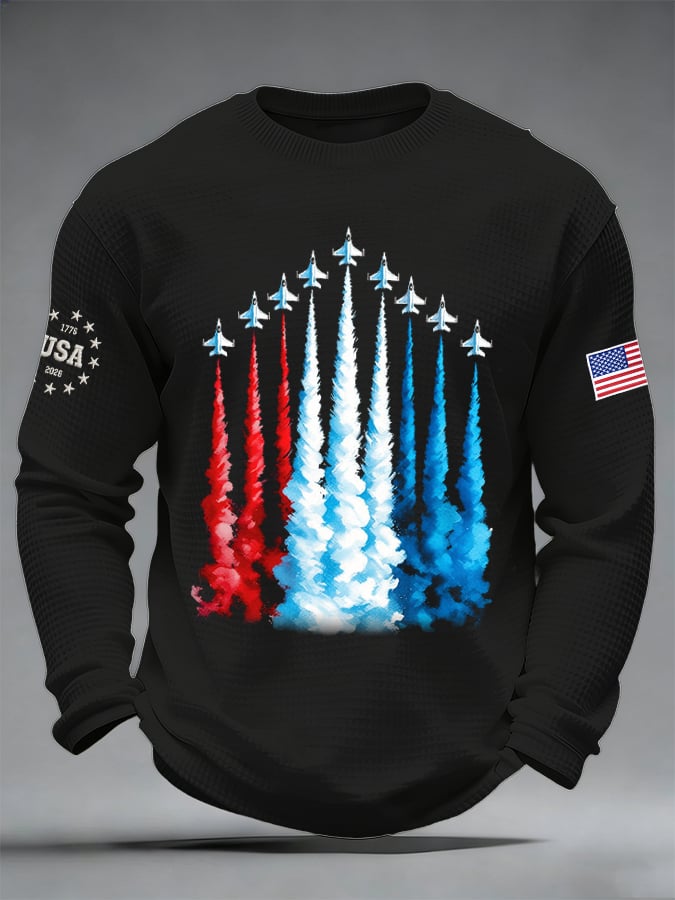 Men's America 250 – Red, White & Blue Sky Tribute Print Casual Waffle Long Sleeve T-Shirt