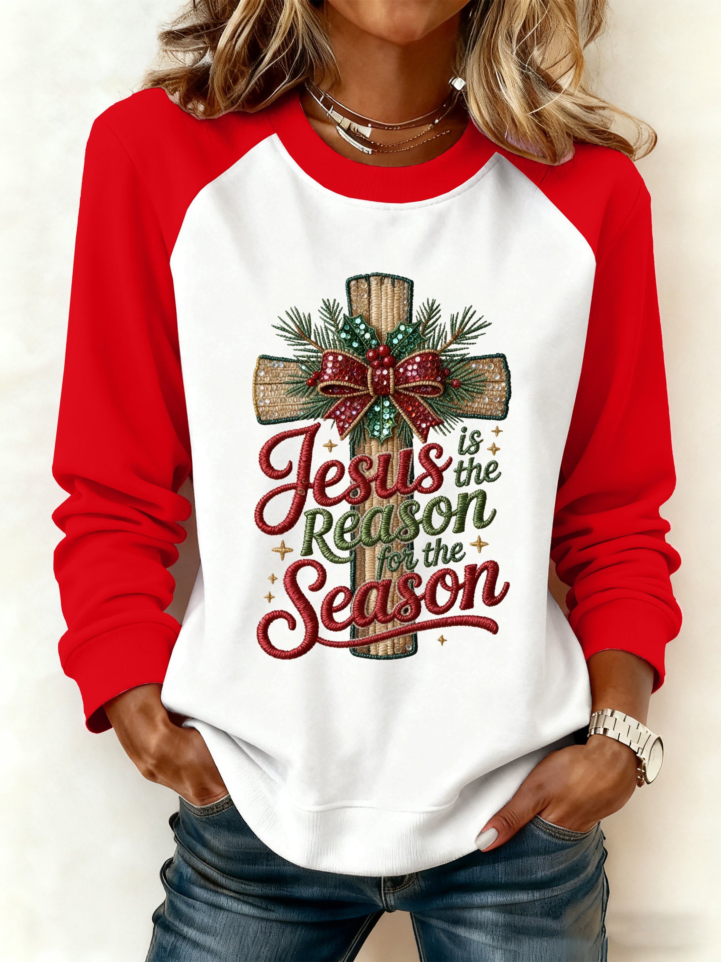 Women's Casual Faith Christmas Contrasting Color Sweatshirt
