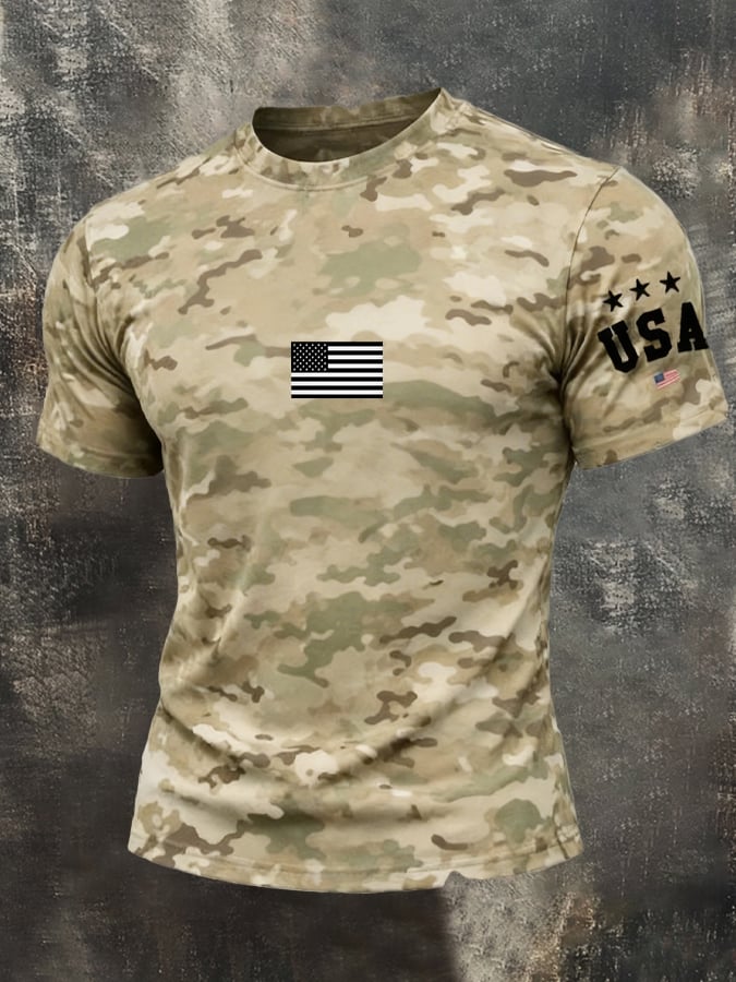 Men's Retro Slim Fit Textured Camouflage Patchwork T-Shirt